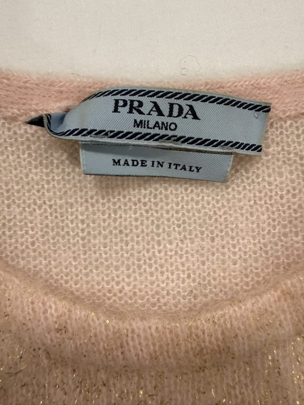 Prada Milano Blush Pink Gold Foil Mohair Short Sleeve Knit Top Size 38 Italy - Picture 3 of 6